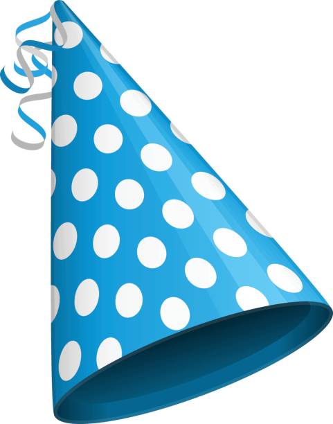 Blue party hat. Blue party hat with white circles. Accessory, symbol of the holiday. Birthday Colorful Cap vector illustration. EPS 10. party hat stock illustrations