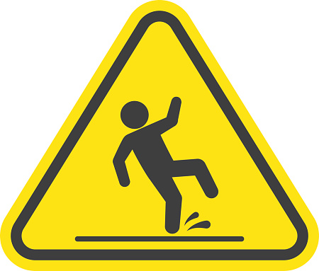 Wet floor warning vector sign isolated on white background. Yellow triangle with falling man in modern flat style. EPS 10.