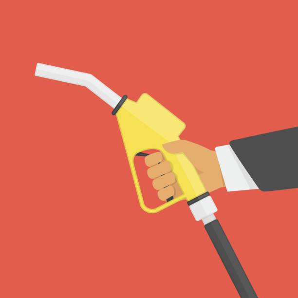 Fuel pump in hand. Fuel pump in hand isolated on red background. Hand holding fuel nozzle. Gas station sign. Petrol station concept. Vector illustration flat design style. EPS 10. car gas pump stock illustrations