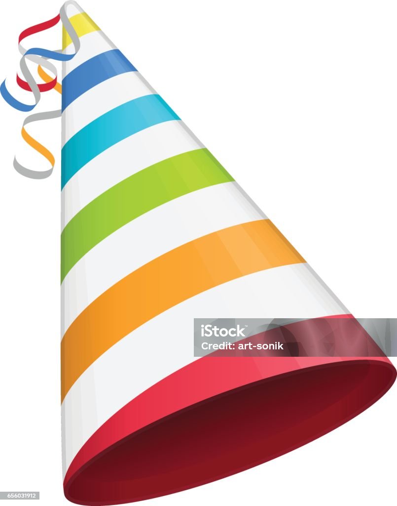 Colored party hat. Multicolored party hat with white lines. Accessory, symbol of the holiday. Birthday Colorful Cap vector illustration. EPS 10. Party Hat stock vector
