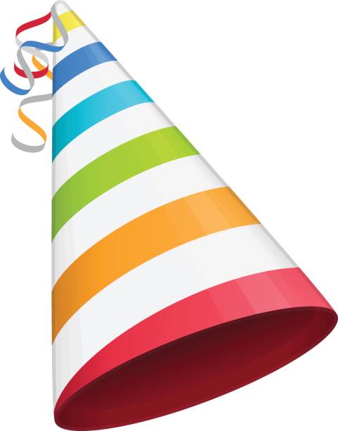 Colored party hat. Multicolored party hat with white lines. Accessory, symbol of the holiday. Birthday Colorful Cap vector illustration. EPS 10. party hat stock illustrations