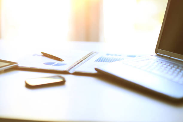 istock Analysis of graphics and calculations on a laptop with documents in the office 656032830