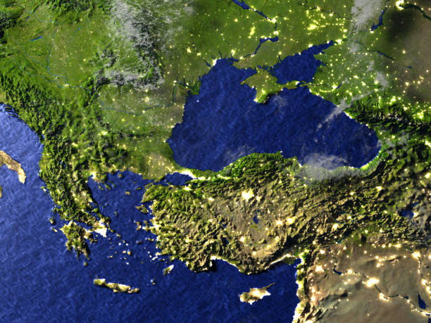 türkei und schwarzes meer region, in der nacht auf realistisches modell der erde - sea aegean sea night illuminated stock-fotos und bilder