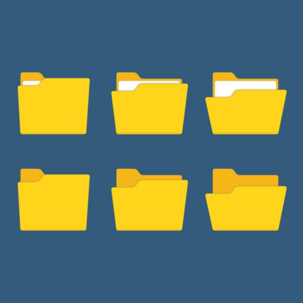 Yellow folder vector. Folder icons set, isolated on blue background. Open and close yellow folders with documents. Modern flat design vector illustration concept for web banners, web and mobile app, web sites, infographic. ring binder stock illustrations