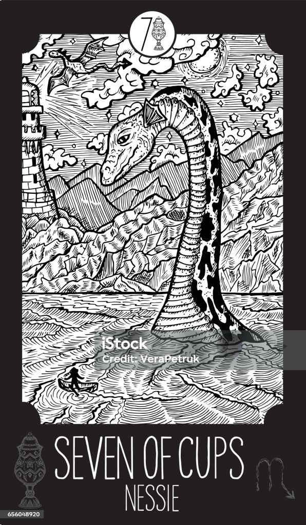 Seven of cups. Nessie Minor Arcana Tarot card. Fantasy line art illustration. Engraved vector drawing. See all collection in my portfolio set Loch Ness Monster stock vector