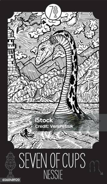 Seven Of Cups Nessie Stock Illustration - Download Image Now - Loch Ness Monster, Line Art, Sketch