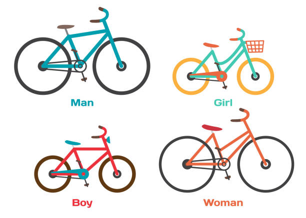 Bicycle Set for family ride Bicycle Set for family ride. Set riding bikes isolated on white background. Bike for man, woman, boy, girl. Vector flat cartoon illustration motorcycle 4 wheels stock illustrations