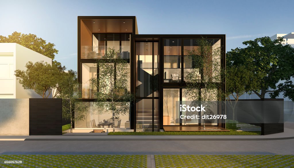 3d rendering black loft modern house in summer 3d rendering interior and exterior design Outdoors Stock Photo