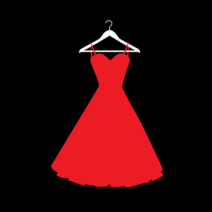 Vector illustration of a red dress on a white hanger against a black background.