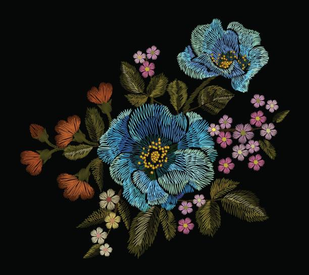 ilustraciones, imágenes clip art, dibujos animados e iconos de stock de parche floral colorido bordado con flores azules de paisley amapola y daisy - chamomile entertainment nature leaf