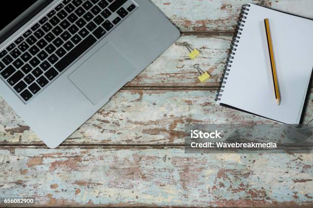Laptop With Notepad And Pencil Stock Photo - Download Image Now - 18-19 Years, Adult, Blank