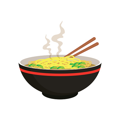 hot yellow and white noodle soup in chinese bowl and chopstick on white background. vector illustration