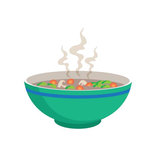 illustrazioni stock, clip art, cartoni animati e icone di tendenza di zuppa di salsiccia calda con verdure e funghi in ciotola cinese e cucchiai - minestrone