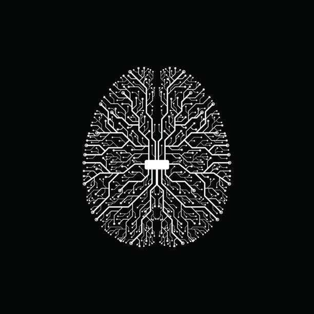 Black and white technology background Black and white technology background with a brain formed by semiconductor tracks. robot wires stock illustrations