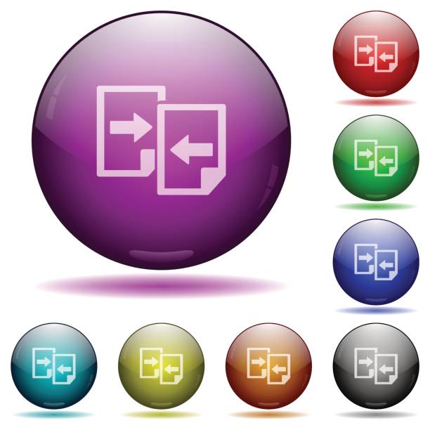 ilustraciones, imágenes clip art, dibujos animados e iconos de stock de compartir documentos botones de esfera de vidrio - sharing giving file computer icon
