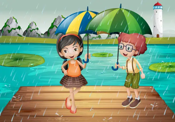 Vector illustration of Kids being in the rain