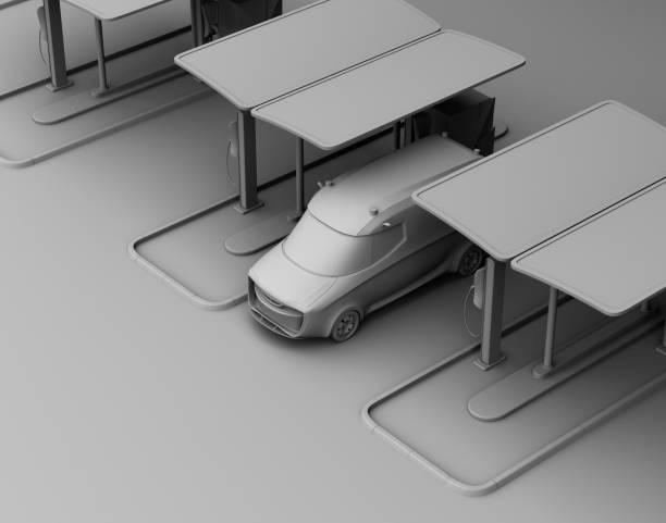istock Clay model rendering of delivery van in charging station 656092604