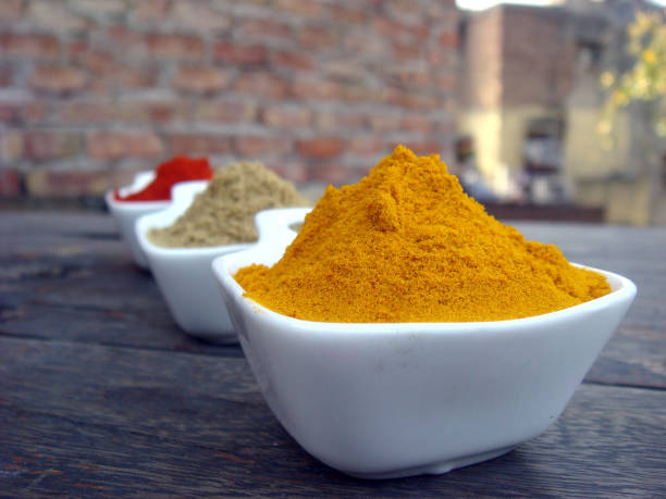 istock Multiple spices with focus on turmeric powder in white bowl 656093056