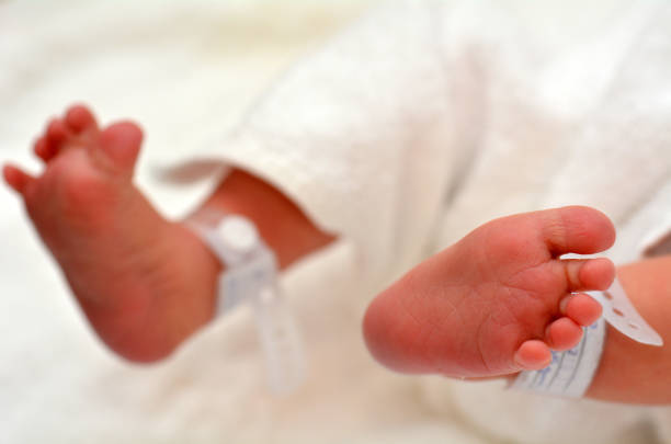 Newborn girl baby inside incubator in hospital post delivery room with identification bracelet tag name