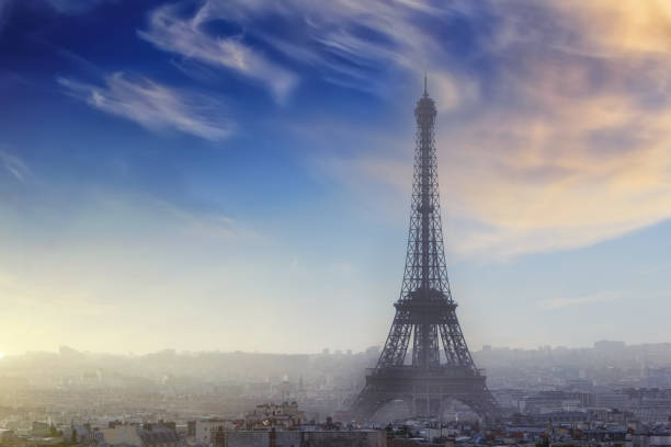 istock Aerial view of Paris cityscape with Eiffel tower at sunset 656101138