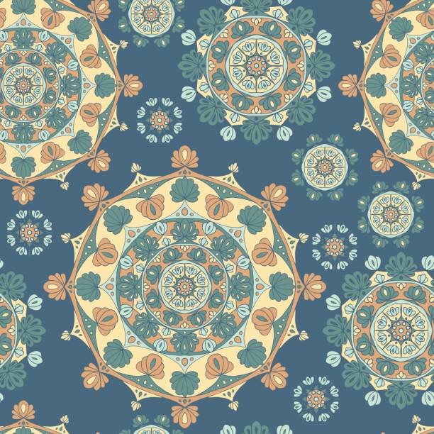 seamless man43 blue Vector seamless background pattern of circular ornament colored mandala repeating on blue background tibetan ethnicity stock illustrations