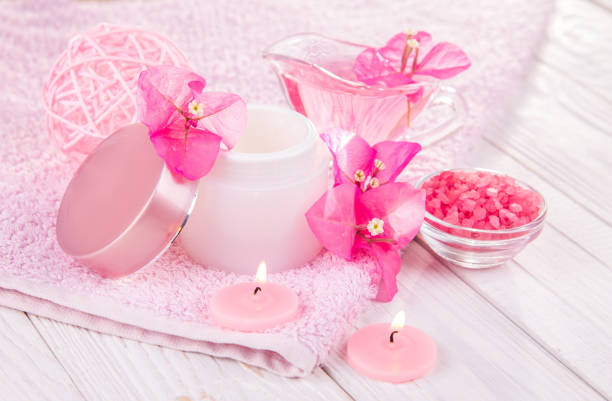 istock Spa set with towel, candles, salt and flowers 656105026