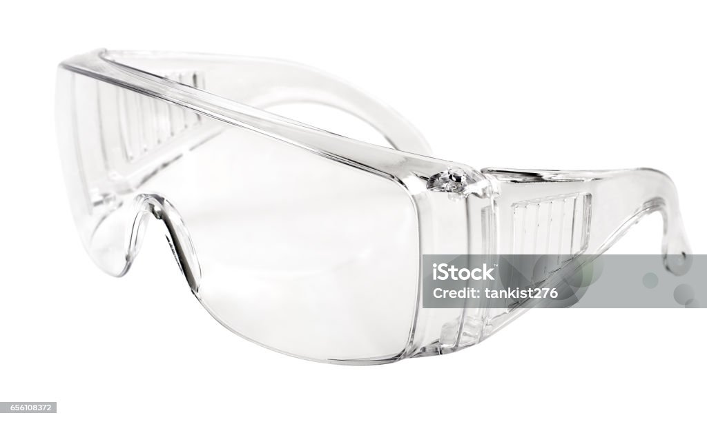 safety glasses photo white protective spectacles on white background isolated, close up full face Protective Eyewear Stock Photo