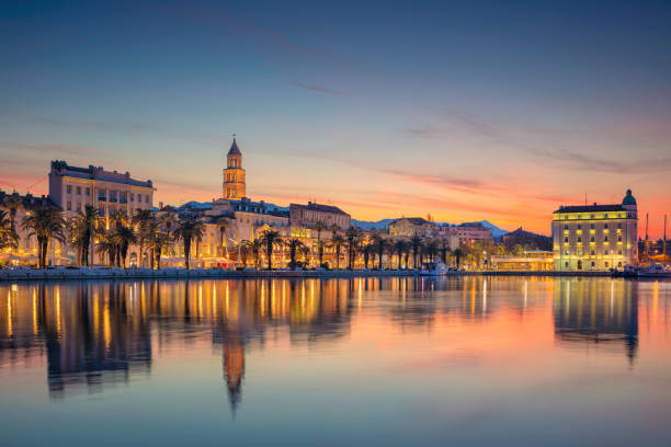 Split. Beautiful romantic old town of Split during beautiful sunrise. Croatia,Europe. split croatia stock pictures, royalty-free photos & images