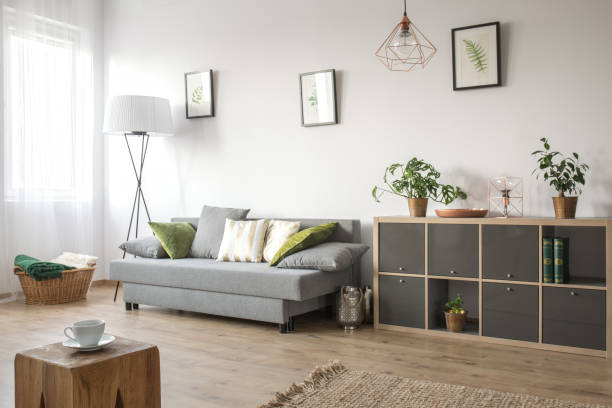 cozy living room with sofa - vegies vegetable basket residential structure imagens e fotografias de stock