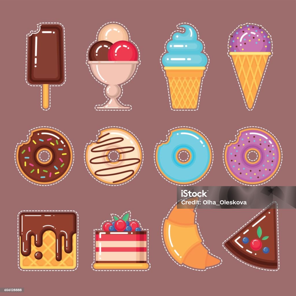 set of sweet food Vector set of ice creams, donuts, waffles, cake and croissant Appearance stock vector