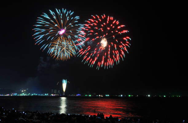 Multicolor fireworks night scene Multicolor fireworks night scene, closeup with pattaya cityscape sea beach view, Thailand. phuket beach party stock pictures, royalty-free photos & images