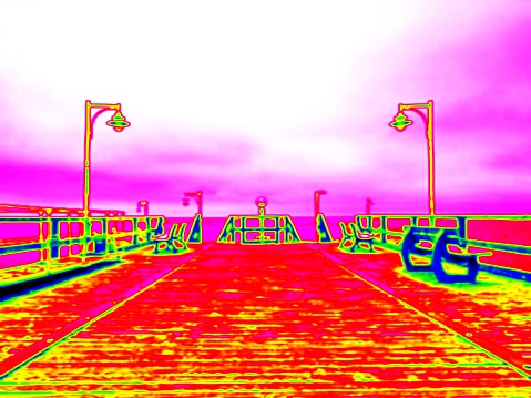 Amazing thermography photo. Empty wooden mole in sea wharf. Sea wharf for hired boats in marina. Empty sea bridge