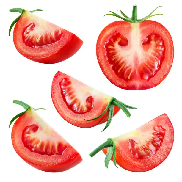 Photo of Tomato. Fresh vegetable isolated on white. Whole, half, slice, piece, quarter, section, segment. Collection.