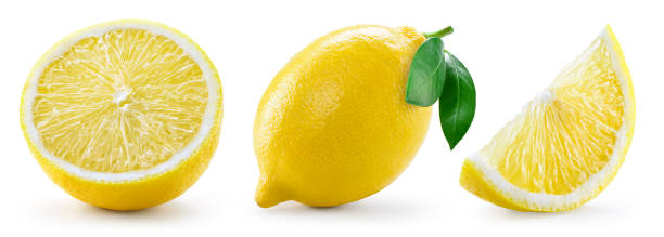 흰색 배경에 고립 된 잎과 레몬이 든 컬렉션 - lemon 뉴스 사진 이미지