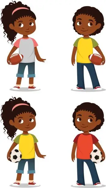 Vector illustration of cute African American kids in casual clothes