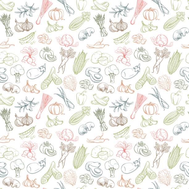 Seamless background pattern of organic farm fresh fruits and vegetables Colored Seamless background pattern of organic farm fresh fruits and vegetables. Vector illustration. Outline line flat style design. White backdrop. strawberry salad stock illustrations