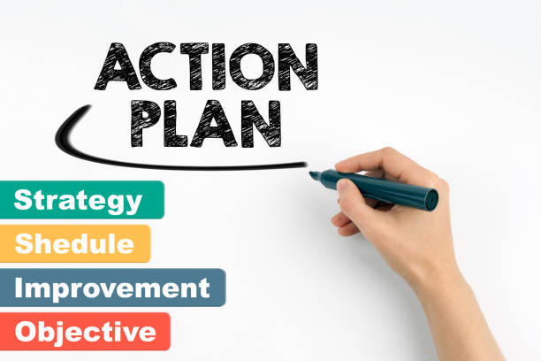 istock action plan business concept. Hand with marker writing 656146144