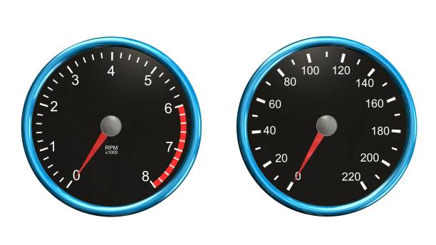 istock Tachometer and speedometer. Round gauges in chrome frames isolated on white background 656149320