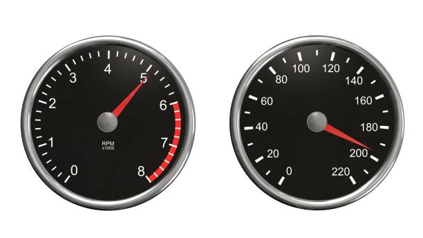 Tachometer and speedometer. Round gauges in chrome frames isolated on white background