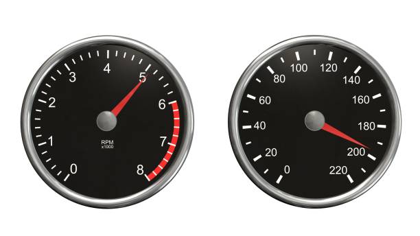 Tachometer and speedometer. Round gauges in chrome frames isolated on white background stock photo