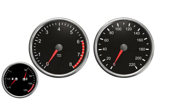 istock Tachometer , speedometer, fuel and temperatur. Round gauges in chrome frames isolated on white background 656149632
