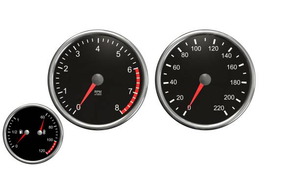 Tachometer , speedometer, fuel and temperatur. Round gauges in chrome frames isolated on white background Tachometer , speedometer, fuel and temperatur. Round gauges in chrome frames isolated on white background temperatur stock pictures, royalty-free photos & images