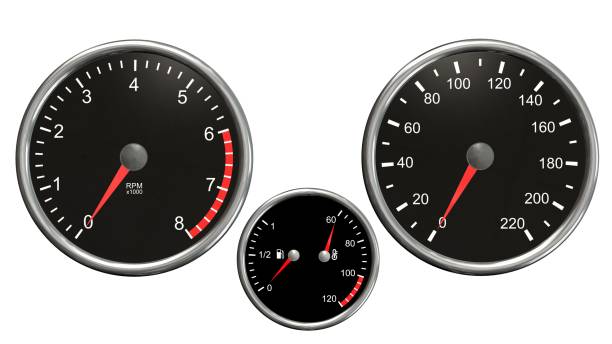 istock Tachometer , speedometer, fuel and temperatur. Round gauges in chrome frames isolated on white background 656149738
