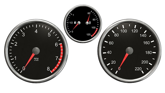 Tachometer , speedometer, fuel and temperatur. Round gauges in chrome frames isolated on white background