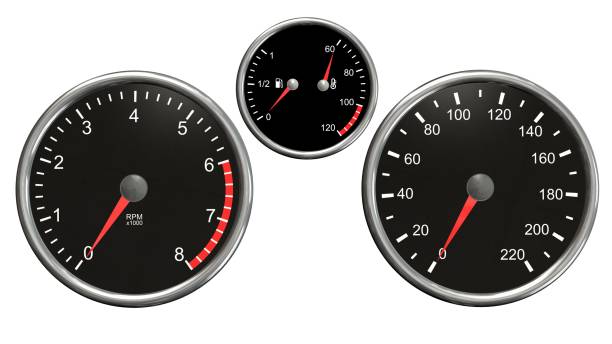 Tachometer , speedometer, fuel and temperatur. Round gauges in chrome frames isolated on white background Tachometer , speedometer, fuel and temperatur. Round gauges in chrome frames isolated on white background temperatur stock pictures, royalty-free photos & images