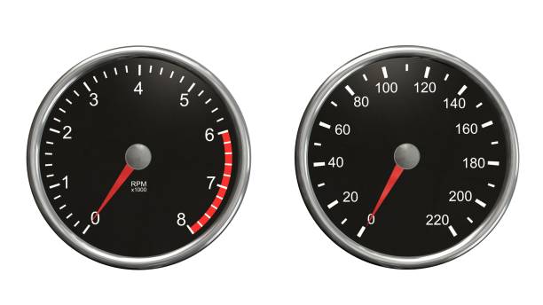istock Tachometer and speedometer. Round gauges in chrome frames isolated on white background 656151886