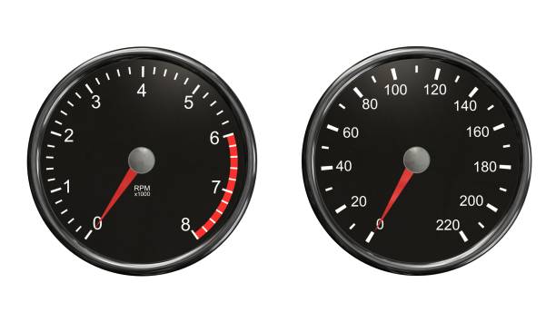 istock Tachometer and speedometer. Round gauges in chrome frames isolated on white background 656152086