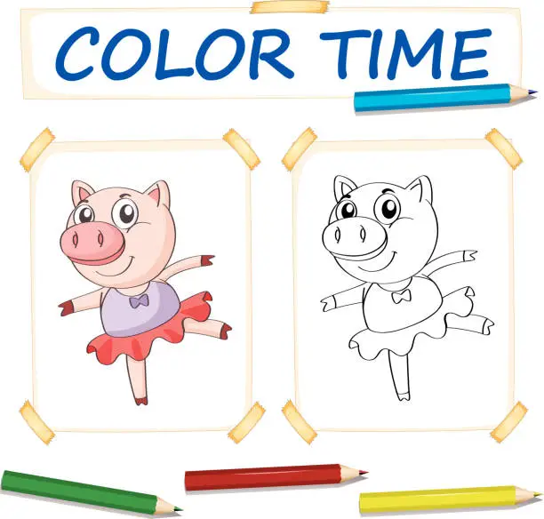 Vector illustration of Coloring template with pig in ballet dress
