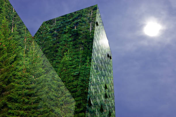 Green energy in the city Green, renewable energy in the city: modern building covered with spruce forest. Sustainable energy, pollution and urbanity concept with copy space. green skyscraper stock pictures, royalty-free photos & images