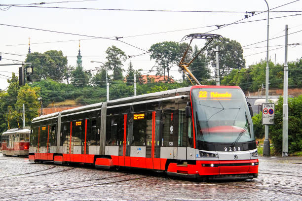 PRAGUE, CZECH REPUBLIC - JULY 21, 2014: Modern articulated tramway Skoda 15T ForCity Alfa in the city street.